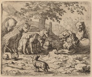 Leijona etsii neuvoja, luultavasti n. 16451656. tekijältä Allart van Everdingen