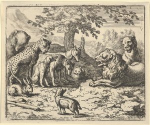 Leijona ottaa muiden eläinten neuvoja Renardin rangaistukseen, 1650-75. tekijältä Allart van Everdingen