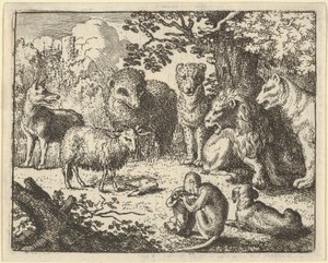 Apina avaa pakkauksen ja poistaa kanin pään... suureksi yllätykseksi, 1650-75. tekijältä Allart van Everdingen