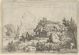 Raunioitunut mökki, veden ympäröimä, 1600-luku. tekijältä Allart van Everdingen