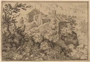 Kolme mökkiä kalliolla, luultavasti n. 16451656. tekijältä Allart van Everdingen