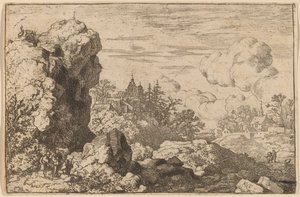 Kolme matkustajaa korkean kallion juurella, luultavasti n. 16451656. tekijältä Allart van Everdingen