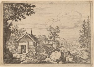 Kaksi miestä majan ovella, luultavasti n. 16451656. tekijältä Allart van Everdingen