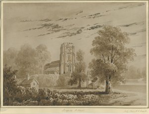Lichfield - St. Chadin kirkko: punainen seepiapiirros, heinäkuu 1842 (piirustus) tekijältä Allen Edward Everitt