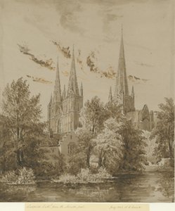 Lichfieldin katedraali - Lounaisnäkymä: seepiapiirustus, heinäkuu 1842 tekijältä Allen Edward Everitt