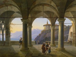 Säulenterrasse mit figürlicher Staffage und Blick auf einen Gebirgssee tekijältä Alois Gustav Schulz