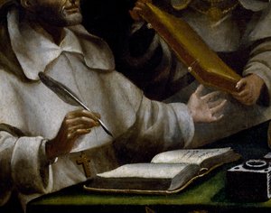 Pyhän Albertin kädet kirjoittaessaan, yksityiskohta Pyhästä Paavalista ilmestymässä pyhälle Albert Suurelle ja Pyhälle Tuomas Akvinolaiselle, maalaus Alonso Antonio Villamor (1661-1729), yksityiskohta