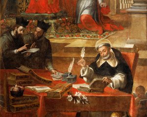 Kaksi jesuiitaa puhuvat samalla kun St Raymond kirjoittaa neuvostoa, yksityiskohta St Raymond of Penafortista, paavi Gregorius IX:n neuvonantaja, Alonso Antonio Villamor (1661-1729). Pyhän Estebanin luostarista Salamancasta, Espanjasta.