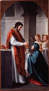 Neitsyt vastaanottaa Pyhän Johannes Kastajan ehtoollisen. Alonso Canon (1601-1667) maalaus 1600-luvulta Genes, Musei di Strada Nuova (entinen Palazzo Bianco)