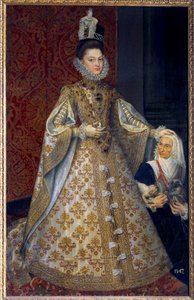 Muotokuva Espanjan lapsen Isabelle Clara Eugenie of Habsburgista, Alankomaiden ja Magdalena Ruizin suvereenista jalassa Alonso Sanchez Coellon (1531-1588) maalaus Sun. 1,29 x 2,07 m. 1585. Madrid. Musee du Prado – täyspitkä muotokuva lapsesta tekijältä Alonso Sánchez Coello