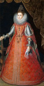 Muotokuva pikkulapsesta Isabella Eugeniasta, seisomassa täyspitkänä brokadimekossa, 1593