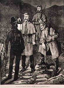 Irlannin osavaltio: Poliisipartio haastaa epäillyn henkilön, The Illustrated London News, 8. kesäkuuta 1881 tekijältä Aloysius C. OKelly