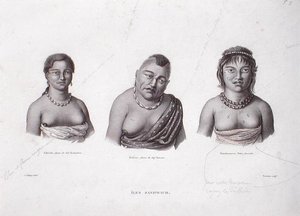Havaijin päälliköiden vaimot Sandwichsaarilta, n. 1824 (kaiverrus)