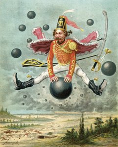 Paroni Münchausen ratsastaa kanuunankuulalla taistelun aikana Tippoon kanssa, Rudolf Erich Raspen (1736-94) "Paroni Munchausenin seikkailuista", julkaistu n. 1886 (värilitho)