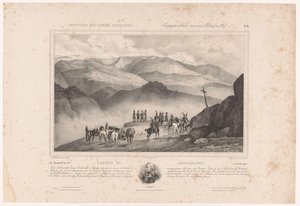 Sotilaat Montenotten taistelun aattona ja Amédée Emmanuel François Laharpen muotokuva Combat de Montenotte (12. huhtikuuta 1796) (otsikko esineessä) Muistoja Ranskan armeijasta (sarjan nimi) Souvenirs des armées françaises (Campaigns d