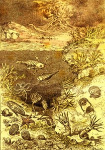 Esihistoria - Silurian ajan loppu: Luonnollinen luominen ja elävät olennot (J. Rengade) Piirustus A. Demarle. 1885 tekijältä Alphonse Demarle