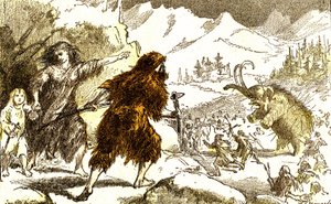 Esihistoriallinen mammutin metsästys. Jääkausi: Luonnollinen luominen ja elävät olennot. Piirustus A. Demarle. 1885