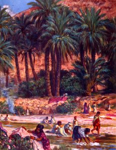 Ryhmä arabien nomadinaisia pesemässä vaatteita keidassa erämaassa. kirjoittanut Nasreddine Dinet (Alphonse-Étienne Dinet). 1861 1929. ranskalainen orientalistinen taidemaalari 1918 tekijältä Alphonse Etienne Dinet
