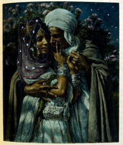 Dinet:n kuvitus teoksesta Mirages Scenes of Arab life. 1906. Mirages, Scénes De La Vie Arab on kuvittanut Etienne Dinet Silman Ben Ibrahim Bamerin kommentilla. Nasreddine Dinet syntyi nimellä Alphonse-Étienne Dinet; (1861-1929) oli ranskalainen itämainen tekijältä Alphonse Etienne Dinet