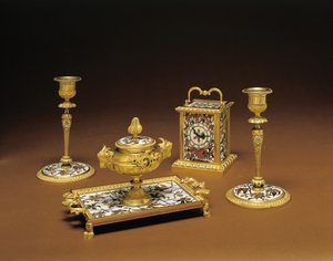 Napoleon III:n neliosainen kirjoituspöytäsetti, Duvinage ja Harinckoukin intarsia, n. 1877