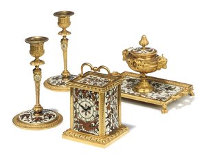 Napoleon III:n neliosainen kirjoituspöytäsetti, Duvinage ja Harinckoukin intarsia, n. 1877