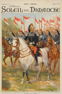 Katsaus 14. heinäkuuta, lohikäärmerykmentti paraasee presidentin katsomossa, kuva "Soleil du Dimanchen" kannesta 5. elokuuta 1900