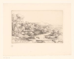 Maisema lankkulla joen yli la passerelle tekijältä Alphonse Legros (attributed to)