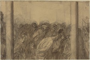 Kahden pylvään välissä näkyvä ihmisjoukko [kääntöpuoli] tekijältä Alphonse Legros