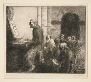 Munkki soittamassa urkuja kirkossa tekijältä Alphonse Legros