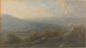 Vuoristomaisema kahdella hahmolla oikealla tekijältä Alphonse Legros