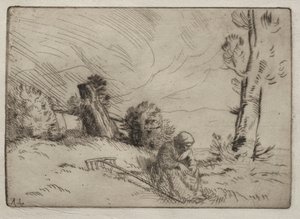 Talonpoikanainen istuu lähellä pensasaitaa tekijältä Alphonse Legros