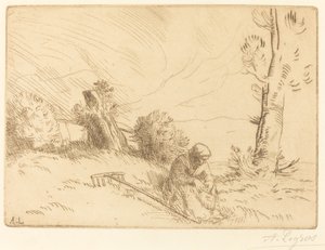 Talonpoikanainen istuu lähellä pensasaitaa tekijältä Alphonse Legros