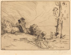 Talonpoikanainen istuu lähellä pensasaitaa tekijältä Alphonse Legros