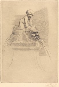 Small Fountain, Child Playing on the Grotesques Petite fontaine, enfant qui joue surdes masques.  tekijältä Alphonse Legros