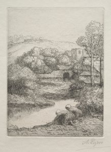 Pesupaikka, nimeltään The Washerwomen Le Lavoir, Dite Les Laveuses. tekijältä Alphonse Legros