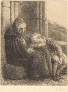 Nainen istuu seinää vasten, lapsi pää sylissään Femme assise, muraille.... tekijältä Alphonse Legros