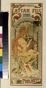 Mainosjuliste painotalolle "Cassan Fils, luksus-, taiteellinen ja kaupallinen painatus"" Toulousessa. Alfons Maria Muchan juliste (Alphonse Marie Mucha tekijältä Alphonse Marie Mucha