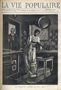 Tyylikäs nainen vahaa kengän talon keittiössä. Mies avaa oven hänen takanaan. Kuvitus: Alfons Maria Mucha (Alphonse Marie Mucha tekijältä Alphonse Mucha