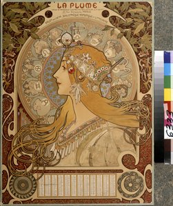 ""La Plume"" -kalenteri, kuvitettu kahdesti kuukaudessa ilmestyvä Salon des Centin aikakauslehti. Taiteellinen ja kirjallinen kirjasto. Taideteos: Alfons Maria Mucha (Alphonse Marie Mucha tekijältä Alphonse Marie Mucha