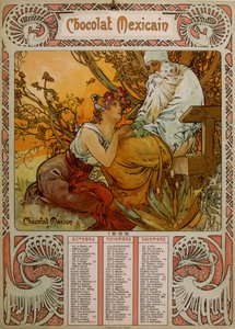 Muchan (1860 – 1939) kuvittama Chocolate Masson -kalenteri. tšekkiläinen jugendmaalari tekijältä Alphonse Mucha