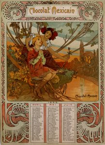 Muchan (1860 – 1939) kuvittama Chocolate Masson -kalenteri. tšekkiläinen jugendmaalari tekijältä Alphonse Mucha