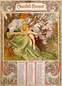 Muchan (1860 – 1939) kuvittama Chocolate Masson -kalenteri. tšekkiläinen jugendmaalari tekijältä Alphonse Mucha