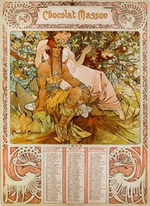 Muchan (1860 – 1939) kuvittama Chocolate Masson -kalenteri. tšekkiläinen jugendmaalari tekijältä Alphonse Mucha