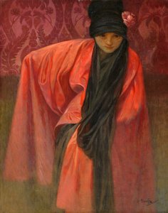 Girl in Red par Mucha, Alfons Marie (1860-1939), n. 1914 - Tempera kankaalle, 60,5x47 - Yksityiskokoelma tekijältä Alphonse Mucha