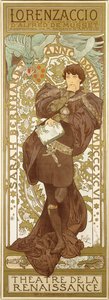 Lorenzaccio, joka kuvaa Sarah Bernhardtin seisova hahmoa roolissa, 1896 tekijältä Alphonse Mucha