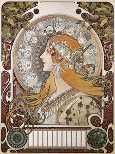 MUCHA, Alphonse Maria (1860-1939). Zodiac. 1896. (67 x 48 cm). La Plume -lehteä mainostava juliste ja kalenteri” (The Feather). Modernismi. Litografia