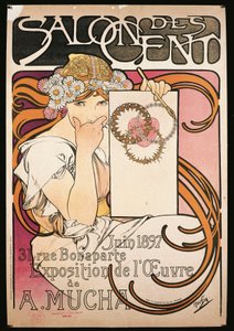 Juliste mainostaa A. Muchan näyttelyä Salon des Centissä tekijältä Alphonse Marie Mucha