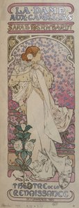 Juliste elokuvalle "La dame au camélias" Renaissance-teatterissa Henriette Rosine Bernardin kanssa Sarah Bernhardtin (1844-1923) kanssa - kirjoittanut Mucha tekijältä Alphonse Mucha