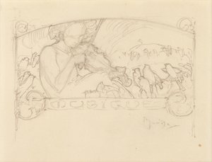 Tutkimus naisesta, joka soittaa viulua, tekijältä Alphonse Mucha