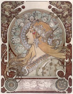 Zodiac - Alfons Marie Mucha (1860-1939). Värillinen litografia tekijältä Alphonse Mucha